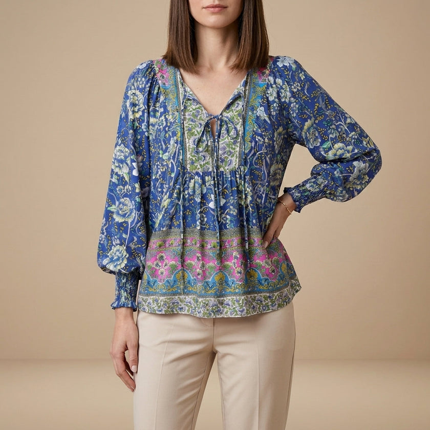 Navy blue floral long sleeve linen summer blouse for women by FJØRNA, featuring a relaxed fit and lightweight fabric.