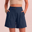 Navy blue women's summer linen shorts with high waist and side pockets, breathable and stylish by FJØRNA.