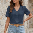 Navy blue women's summer blouse by FJØRNA, V-neck short sleeve linen top with a flowy fit and relaxed style.