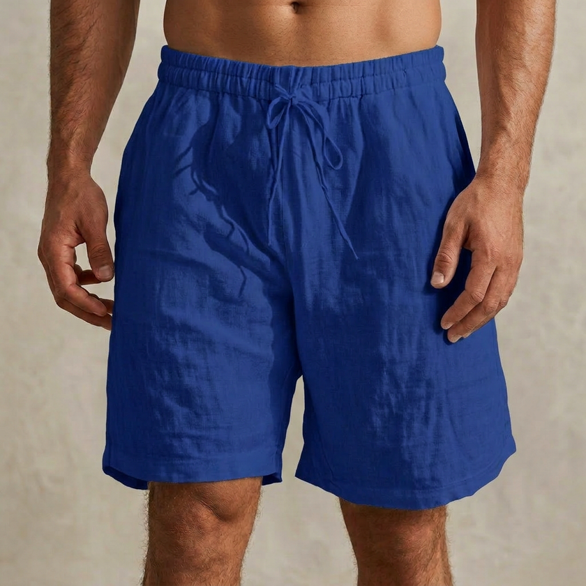 Navy men's casual drawstring shorts with side pockets from FJØRNA, featuring a relaxed fit and comfortable fabric.