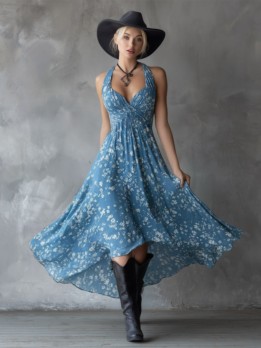 Navy Blue Chiffon Floral Maxi Dress For Women