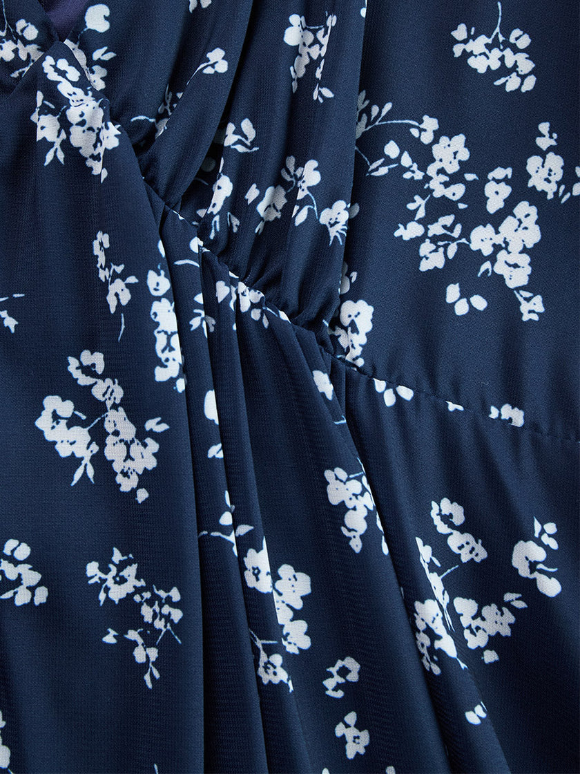 Navy Blue Chiffon Floral Maxi Dress For Women
