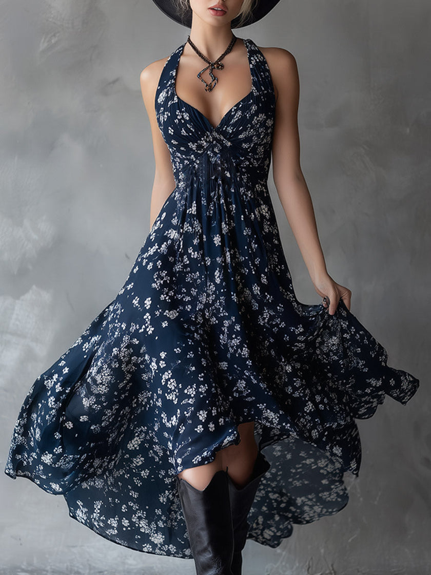 Navy Blue Chiffon Floral Maxi Dress For Women