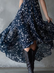 Navy Blue Chiffon Floral Maxi Dress For Women