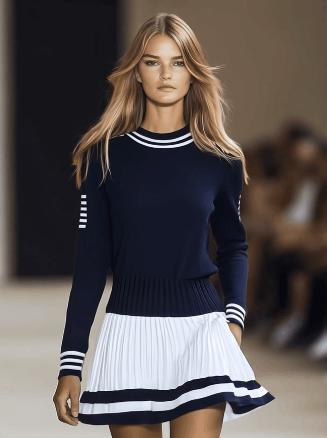 Navy blue mini dress for women by FJØRNA, shown on a model with a fitted silhouette and short sleeves.