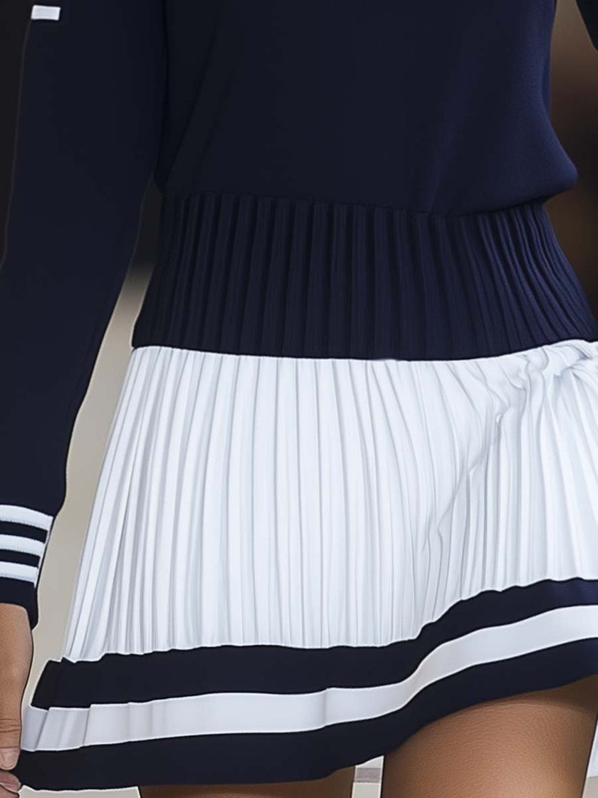 Navy blue mini dress for women by FJØRNA, featuring a fitted silhouette and sleeveless design, displayed on a mannequin.