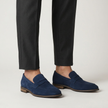 Navy blue suede men's slip-on loafers by FJØRNA displayed in a standing pose, showcasing stylish and elegant summer footwear.