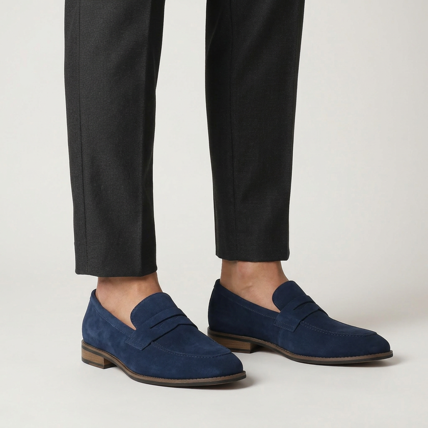 Navy blue suede men's slip-on loafers by FJØRNA displayed in a standing pose, showcasing stylish and elegant summer footwear.