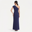 Navy women's one-shoulder maxi evening dress by FJØRNA with asymmetric neckline, back profile view, elegant and flowing style.