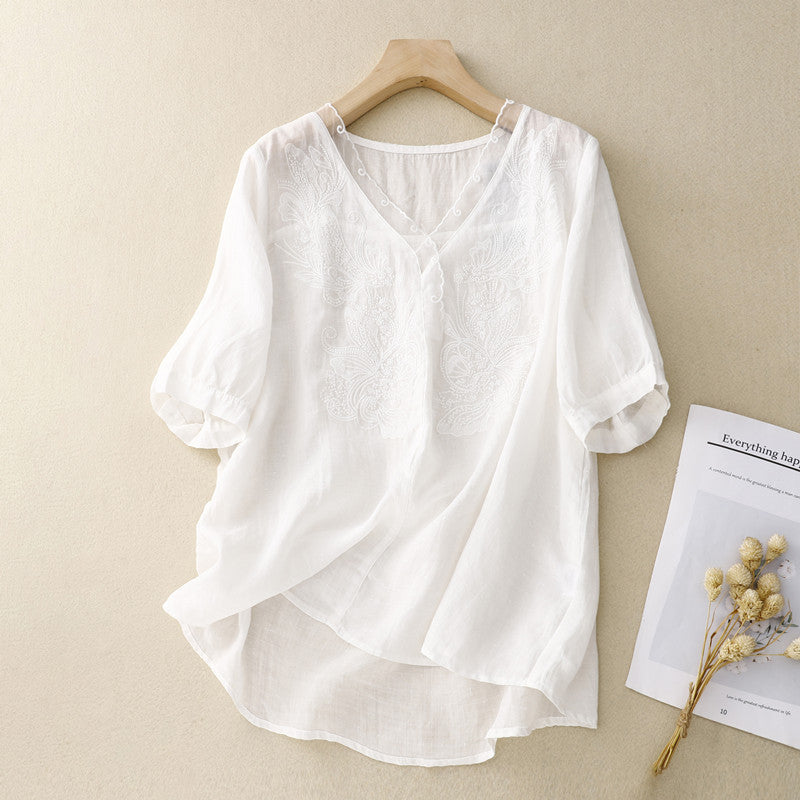 FJØRNA women's summer V-neck short sleeve linen blouse, light and breathable top for warm weather, in natural fabric and style.