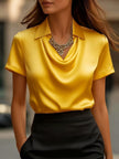FJØRNA summer women's blouse with cowl neck and short sleeves, stylish and lightweight top perfect for warm weather.