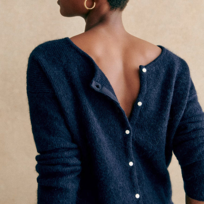 FJØRNA women's long sleeve mohair cardigan, soft knit top in a cozy, stylish design, perfect for layered winter fashion.