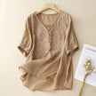 FJØRNA women's summer blouse with v-neck, short sleeves, linen fabric, stylish top for warm weather.