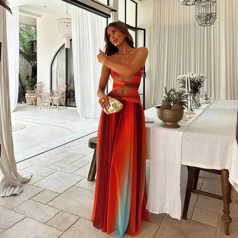 FJØRNA elegant strapless maxi dress for women with geometric pattern, flowing fabric and stylish design for formal occasions