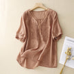 FJØRNA women's summer V-neck short sleeve linen blouse, lightweight and breathable top for warm weather.
