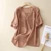 FJØRNA women's summer V-neck short sleeve linen blouse, lightweight and breathable top for warm weather.