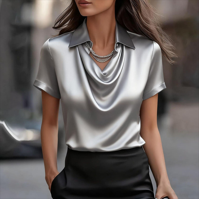 FJØRNA women's summer blouse with cowl neck and short sleeves, stylish and lightweight top for warm weather.