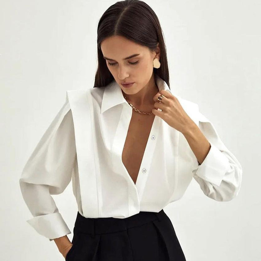 FJØRNA women's cotton blouse, long-sleeve tops in soft white fabric, casual and stylish for everyday wear
