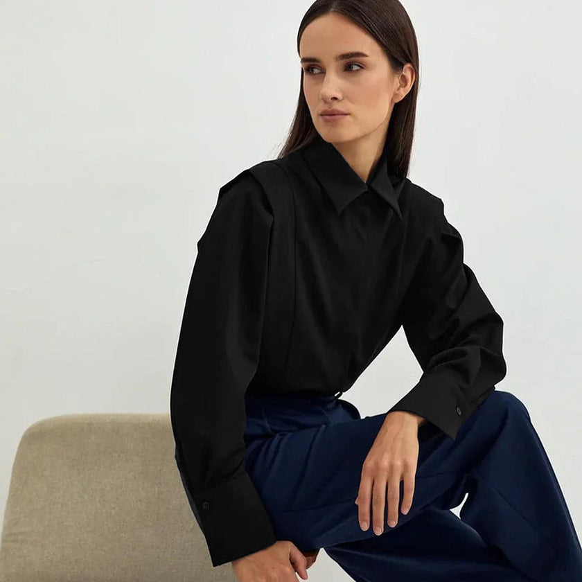 FJØRNA women's cotton blouse, stylish and lightweight tops with long sleeves and a relaxed fit, shown in soft white fabric.