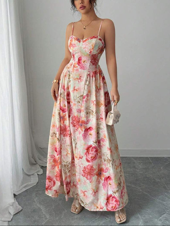 FJØRNA white sleeveless V-neck corset gown, elegant maxi dress with fitted bodice and flowing skirt for formal occasions