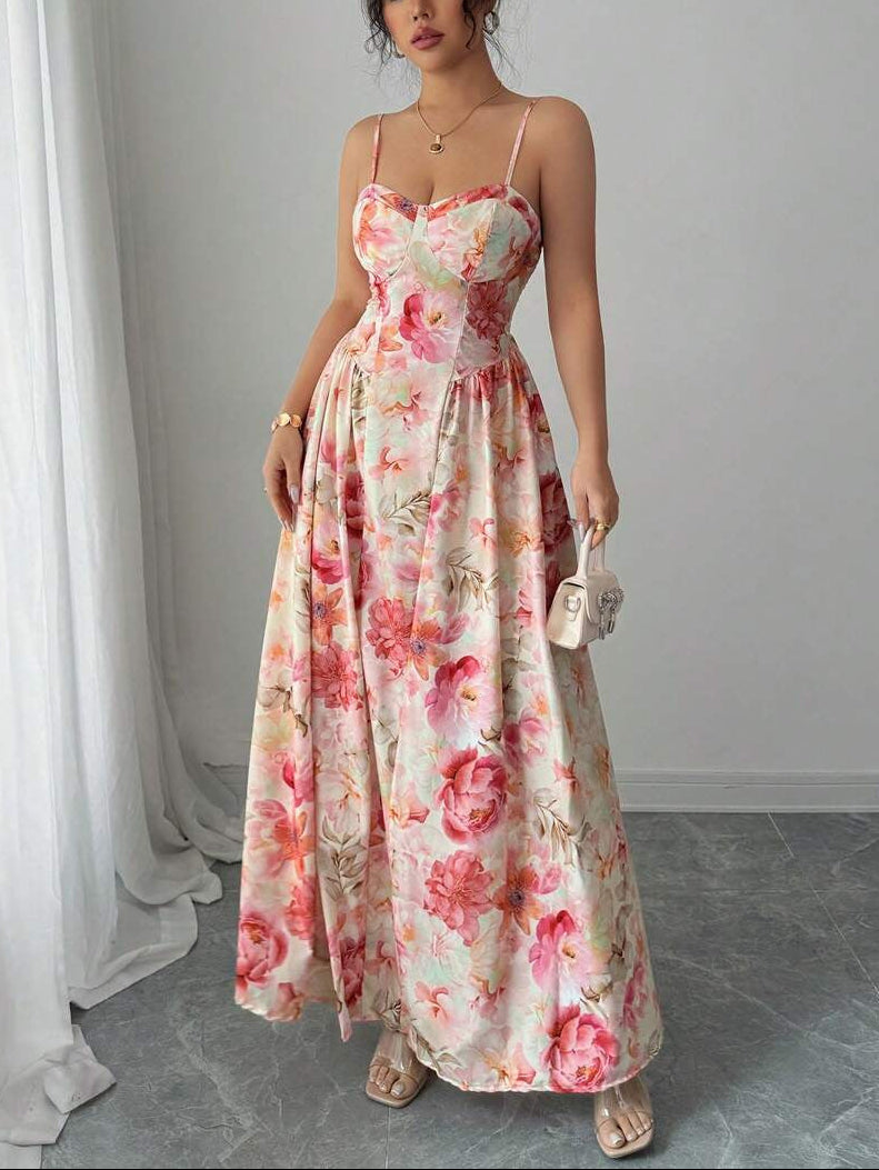 FJØRNA white sleeveless V-neck corset gown, elegant maxi dress with fitted bodice and flowing skirt for formal occasions