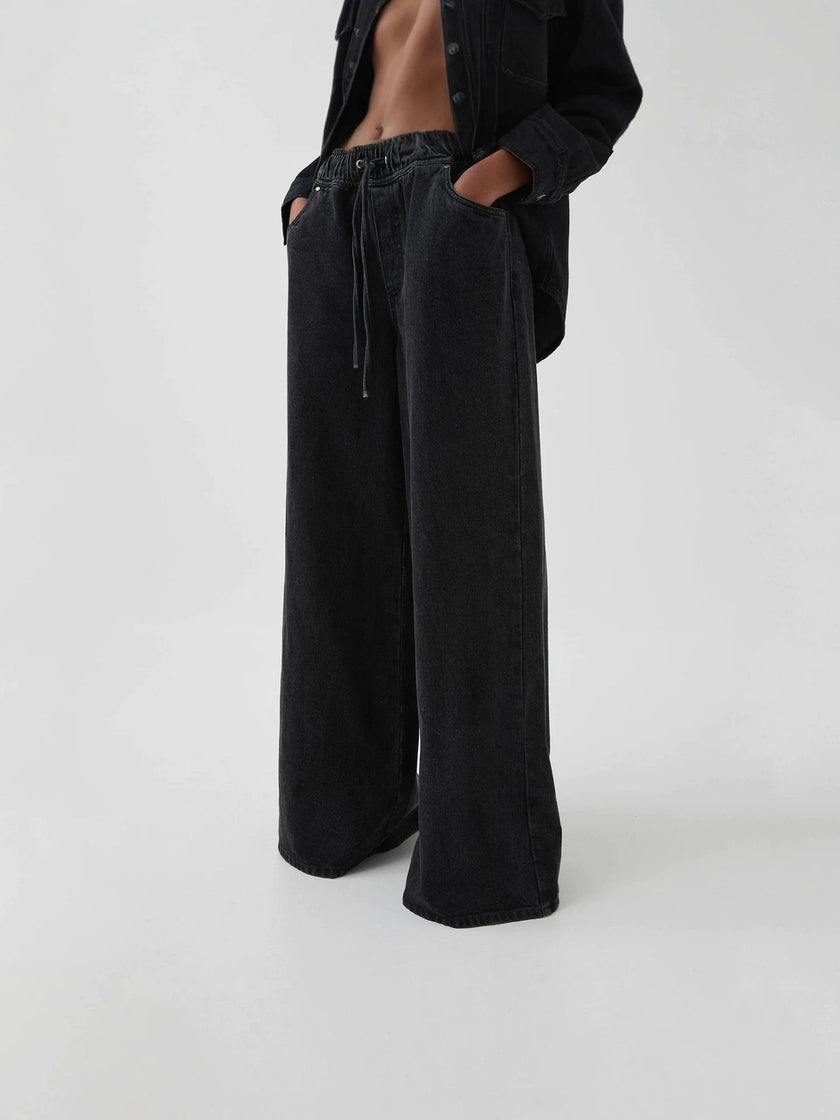 Denim Jeans Women Wide Leg Drawstring