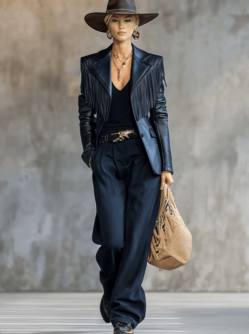 Black faux leather tassel blazer with notch lapel from FJØRNA, stylish jacket featuring tassel details and tailored fit.