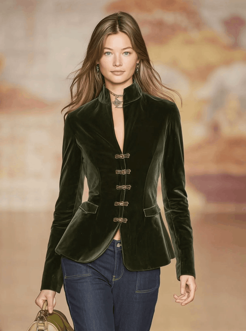 Dark green velvet blazer for women with gold buttons from FJØRNA, featuring a tailored fit and elegant design.