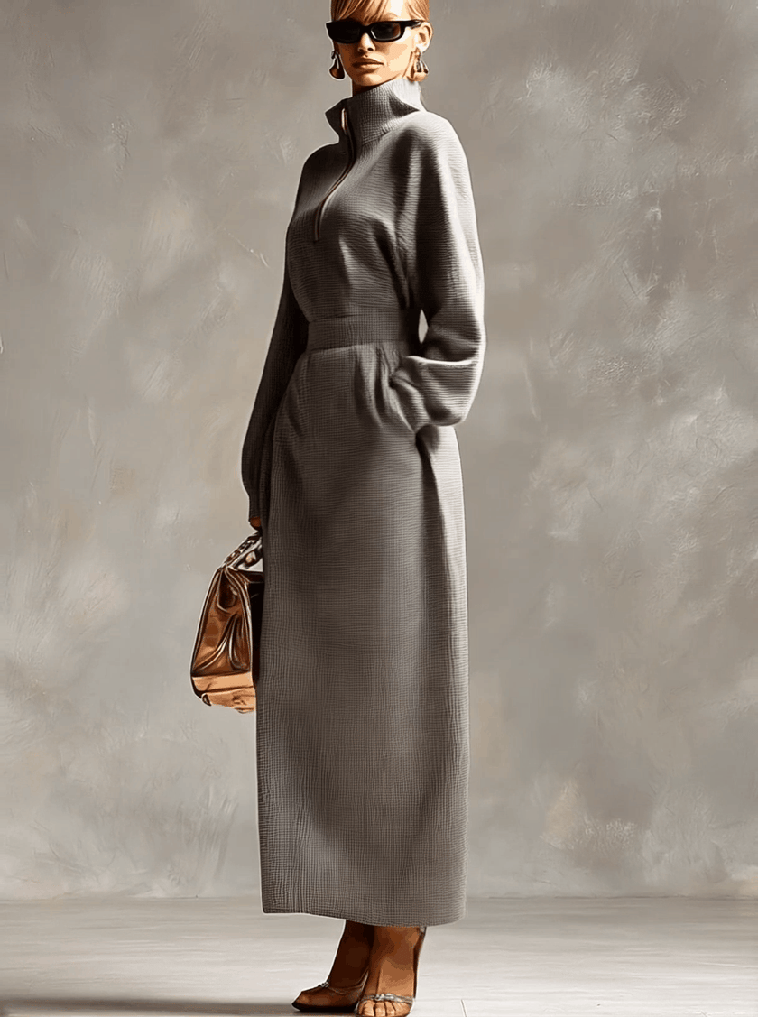 Grey Waffle Long Sleeve Maxi Dress | Casual Dress