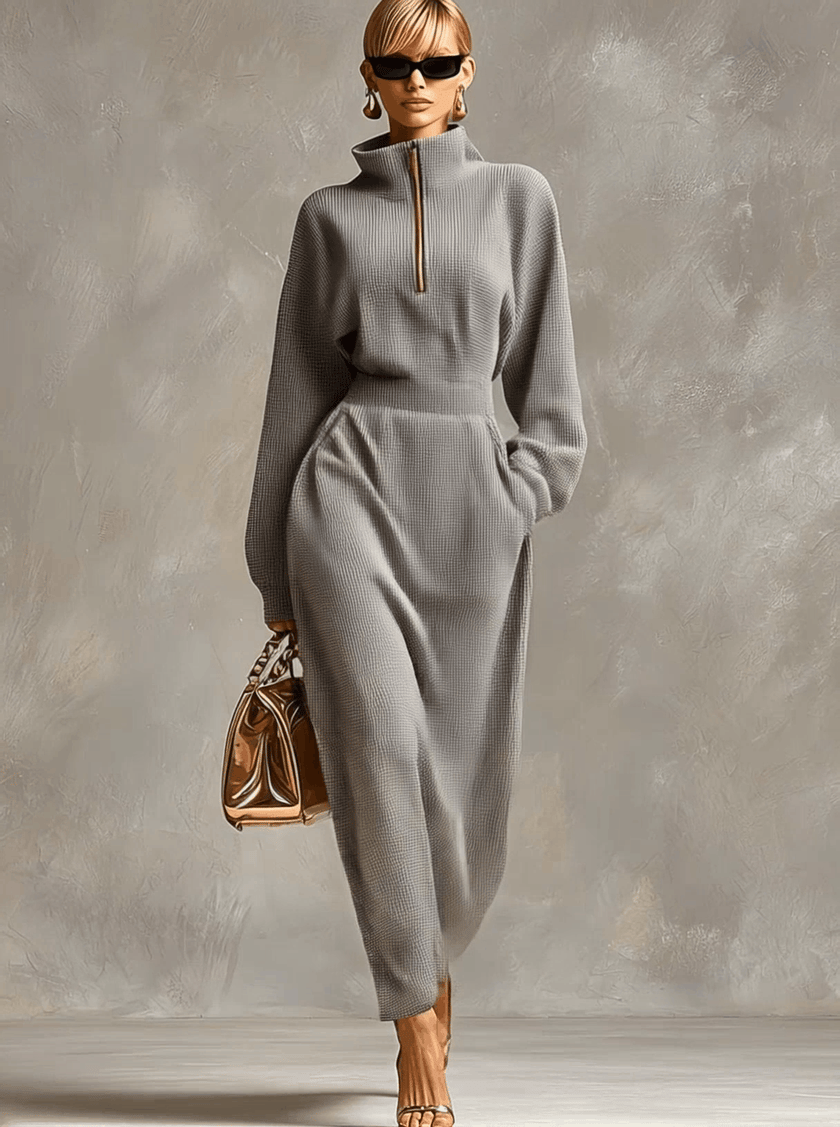Grey Waffle Long Sleeve Maxi Dress | Casual Dress