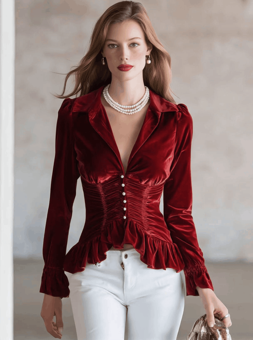 Red velvet pleated ruffled long sleeve blouse from FJØRNA, featuring a stylish design with ruffles and pleats.