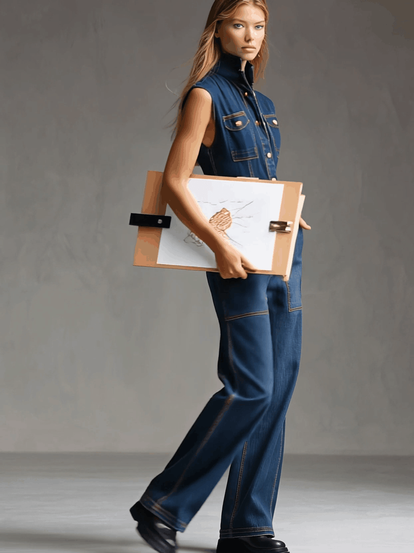 Dark blue denim sleeveless balloon jumpsuit with multiple pockets by FJØRNA, featuring a relaxed fit and stylish design.