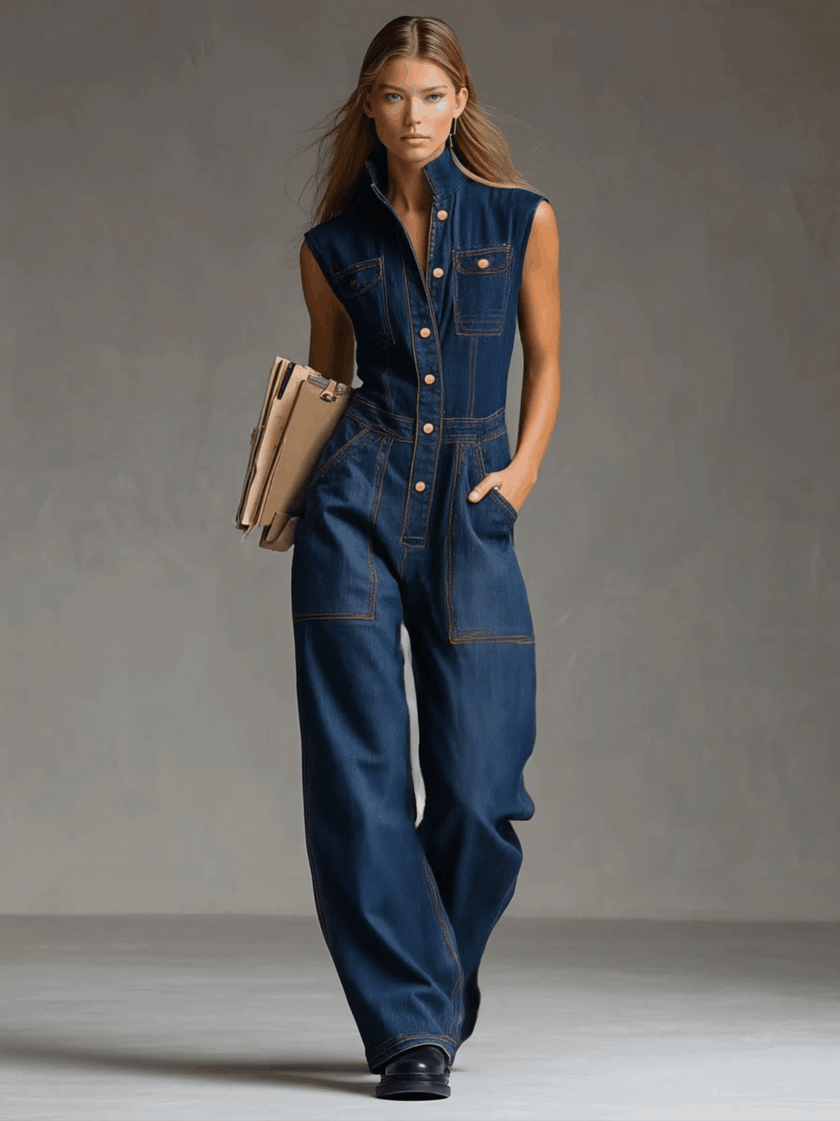 Dark blue denim sleeveless balloon jumpsuit by FJØRNA with multiple front and side pockets, relaxed fit, and stylish design.