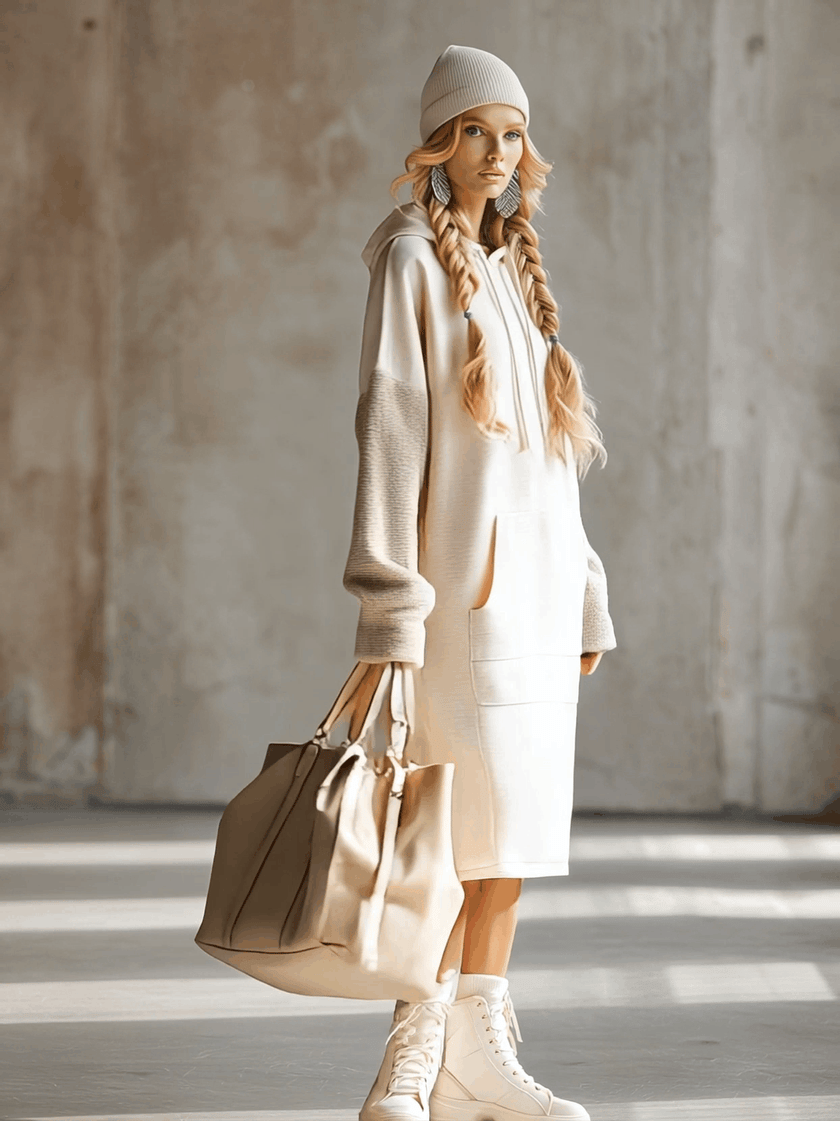 Beige Hooded Midi Dress For Women