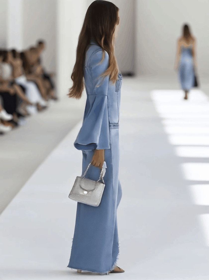 Light blue denim flared jumpsuit with long sleeves and wide-leg design from FJØRNA, shown on a model.