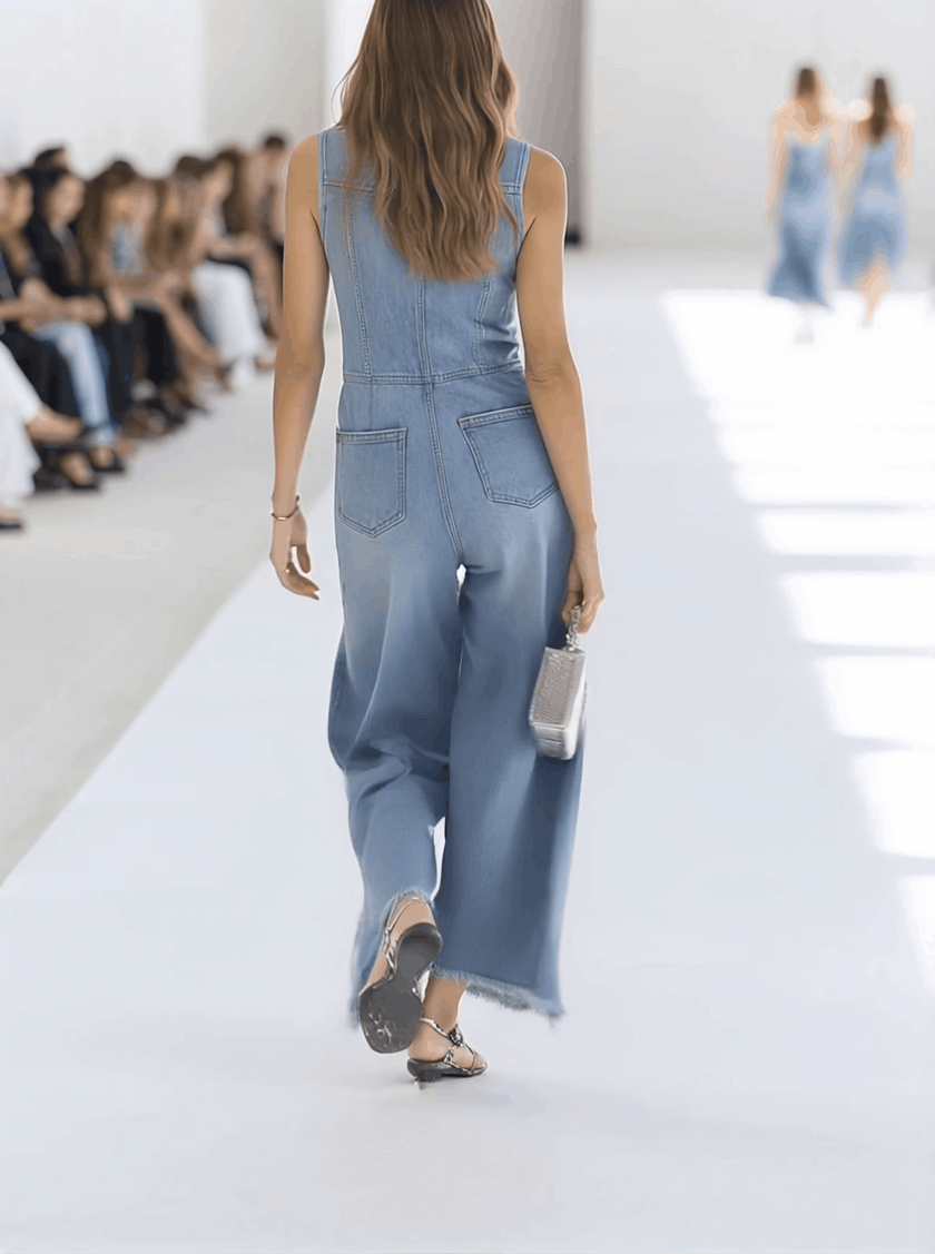 Light blue denim sleeveless jumpsuit with raw edges and wide-leg design by FJØRNA, shown on a model.
