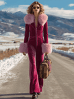 FJØRNA rose red velvet faux fur collar flared jumpsuit, front view showing fitted waist and wide-leg design.