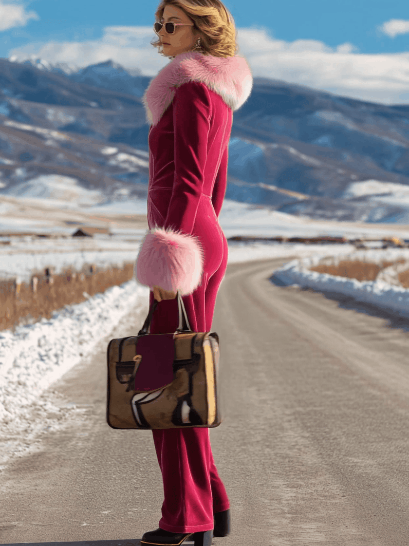 Rose red velvet faux fur collar jumpsuit by FJØRNA featuring a flared design and long sleeves, shown on a model.