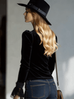 Black velvet lace long sleeve blouse for women by FJØRNA, featuring delicate lace details and a sophisticated fit.