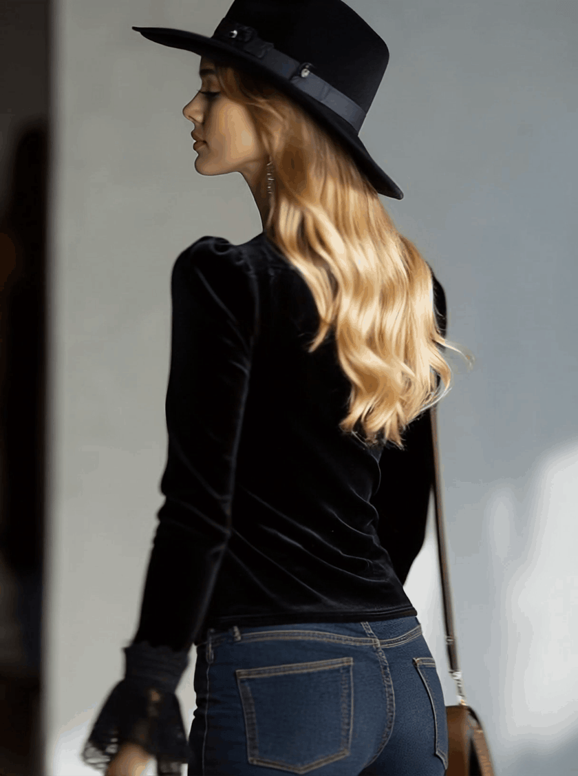 Black velvet lace long sleeve blouse for women by FJØRNA, featuring delicate lace details and a sophisticated fit.