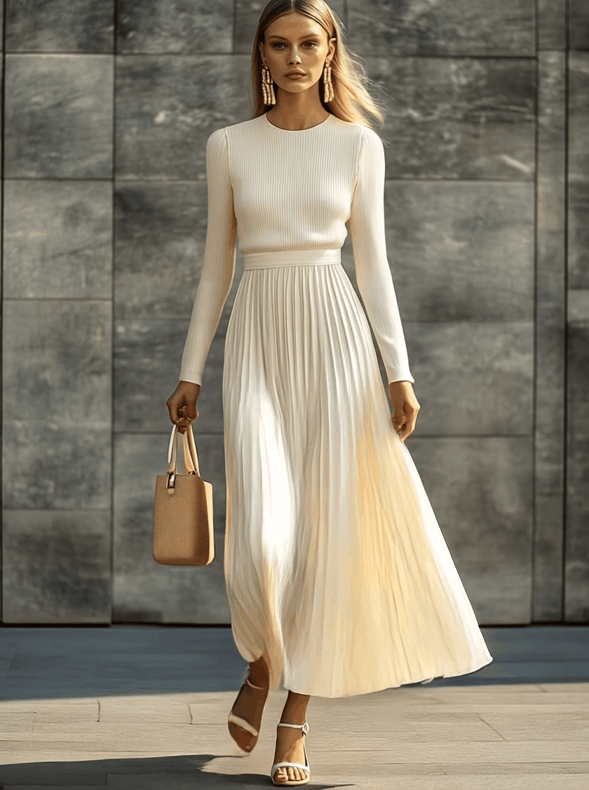 Cream Satin Pleated Maxi Dress | Casual Dress