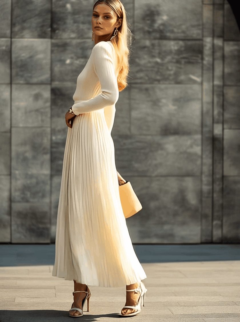 Cream Satin Pleated Maxi Dress | Casual Dress