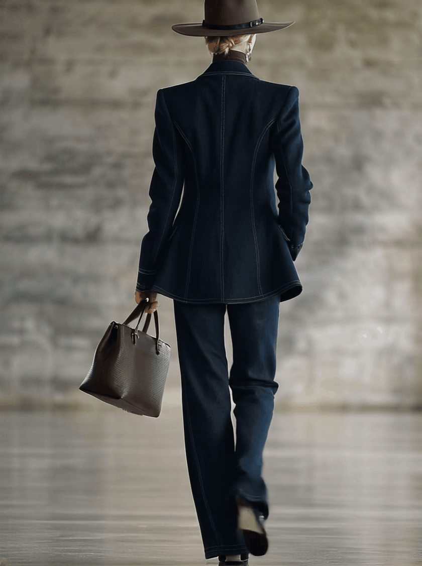 Navy topstitched denim jacket for women by FJØRNA, featuring classic design and stylish stitching details.