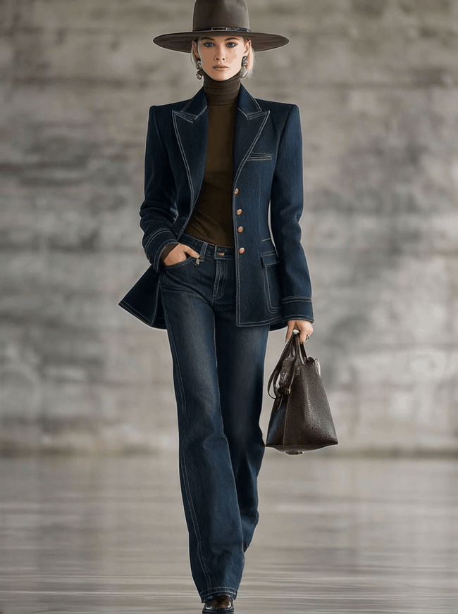 Navy topstitched denim jacket for women by FJØRNA, featuring classic design with visible stitching and a casual fit.