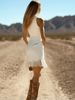 White Denim Tassel Mini Dress For Women