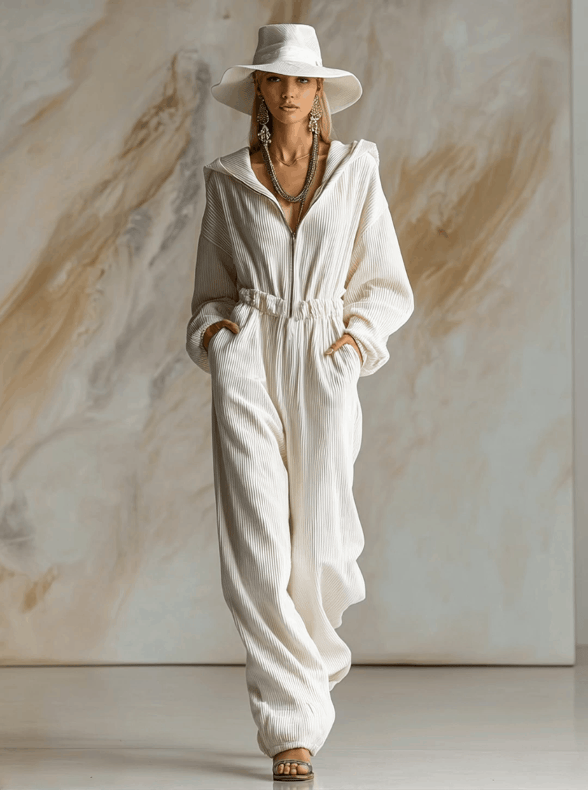 White corduroy hooded zip-front long sleeve jumpsuit by FJØRNA with a front zipper and relaxed fit, displayed on a mannequin.