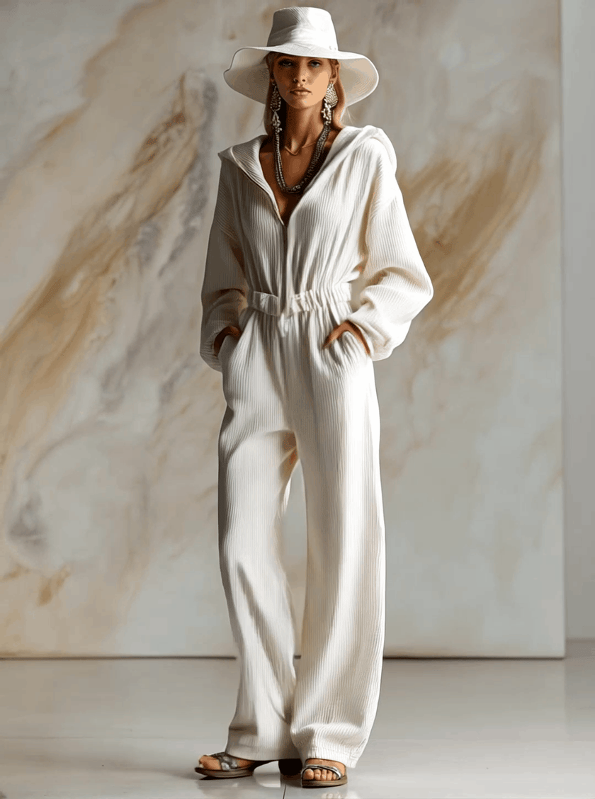 White corduroy hooded jumpsuit by FJØRNA featuring a zip-front and long sleeves, styled with a hood and relaxed fit.