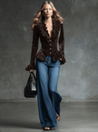 FJØRNA Cocoa Brown Velvet V-neck ruffled long sleeve blouse with elegant design and soft velvet fabric.