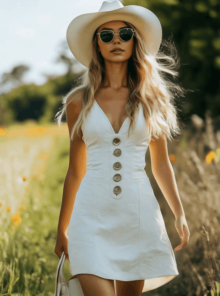 White Denim V-Neck Mini Dress | Casual Dress