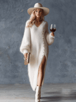 White Knit V-Neck Midi Dress For Women